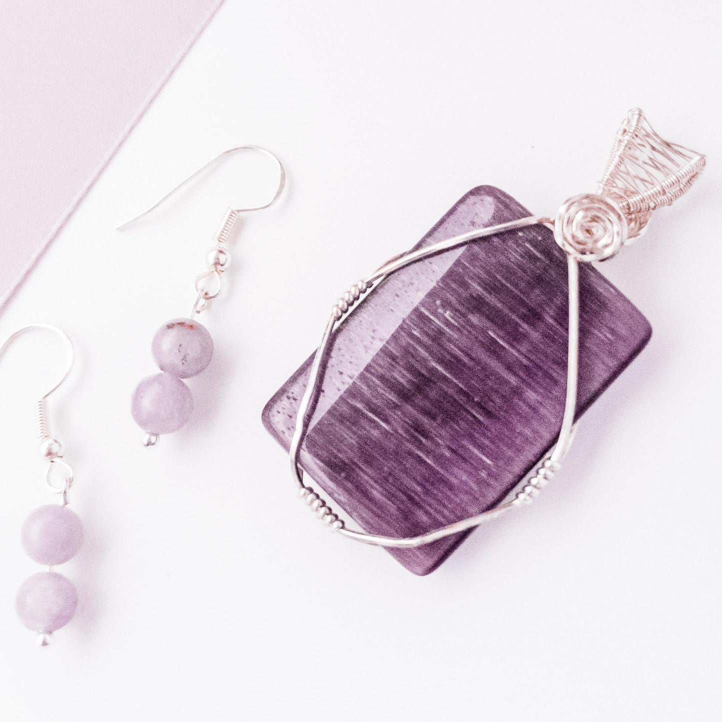 Magnolia Collection - Purple Cat's Eye Necklace Pendant in Sterling Silver and Lilac Quartz Earrings up close - BellaChel Jeweler