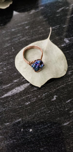 Load image into Gallery viewer, Raw Peacock Ore Crystal Ring in Antique Copper front view  - BellaChel Jeweler
