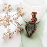Load image into Gallery viewer, Genuine Labradorite Gemstone Pendant weaved in Antique Copper front view - BellaChel Jeweler
