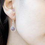Load image into Gallery viewer, Signature Collection - Elegant Lavender Quartz Sterling Silver Earrings shown on live model - BellaChel Jeweler
