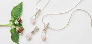 Signature Collection -Pictured 3 Natural Rose Quartz Pendant on Sterling Silver Chains, close-up view, sold separately - BellaChel Jeweler