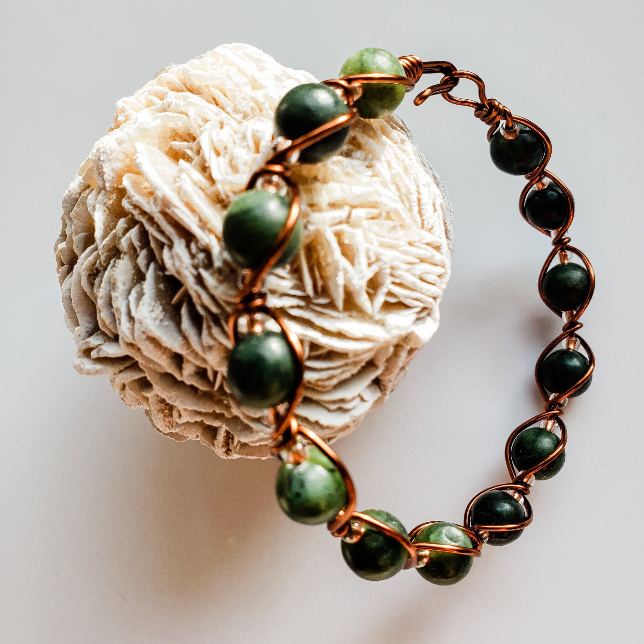 Dark Green Jade in Antique Copper Wire Wrapped Bracelet