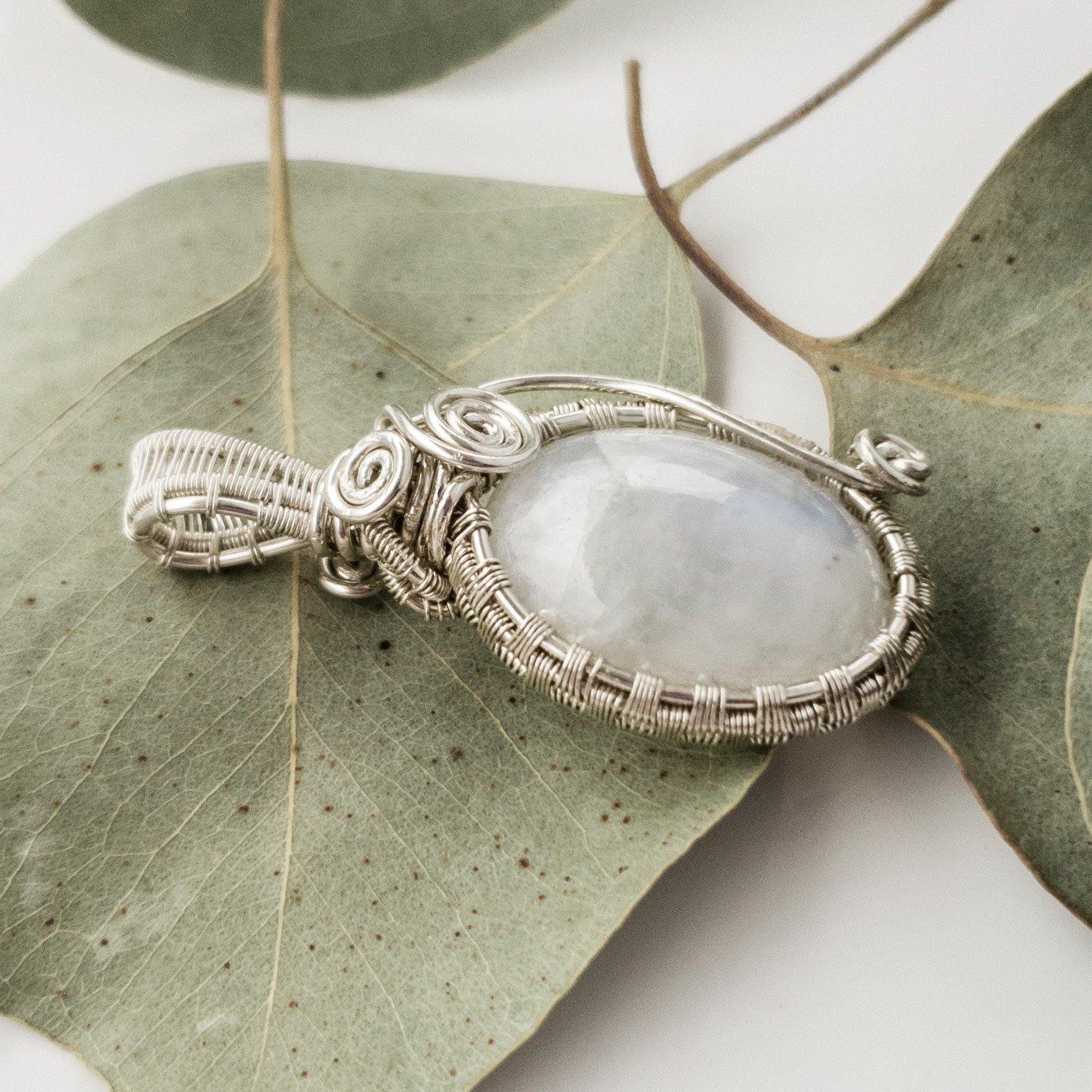 Celestial Collection~ Moonstone Pendant Weaved in Sterling Silver, front side view - BellaChel Jeweler