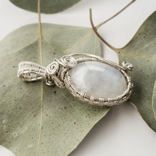 Celestial Collection~ Moonstone Pendant Weaved in Sterling Silver, front side view - BellaChel Jeweler