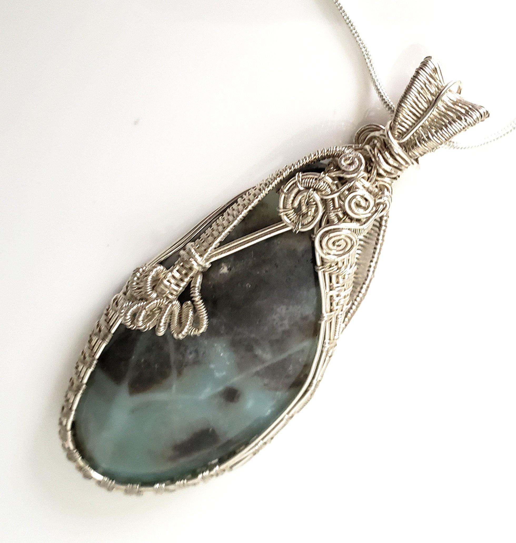 Large Turquoise Necklace Pendant weaved in sterling silver up close front view - BellaChel Jeweler