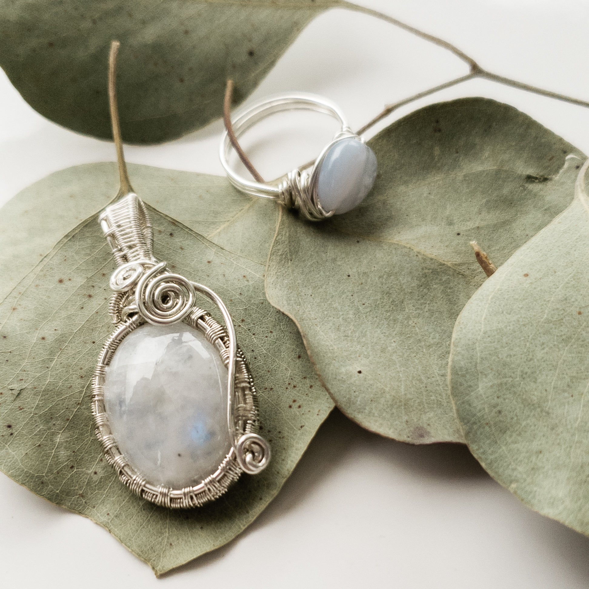Celestial Collection - Beautiful Moonstone Pendant Necklace in Sterling Silver front view and Blue Lace Agate ring in Sterling Silver sold separately - BellaChel Jeweler