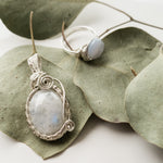 Cargar imagen en el visor de la galería, Celestial Collection - Beautiful Moonstone Pendant Necklace in Sterling Silver front view and Blue Lace Agate ring in Sterling Silver sold separately - BellaChel Jeweler
