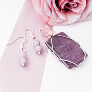 Magnolia Collection - Purple Cat's Eye Rectangle Pendant in Sterling Silver and Lilac Quartz Earrings up close - BellaChel Jeweler