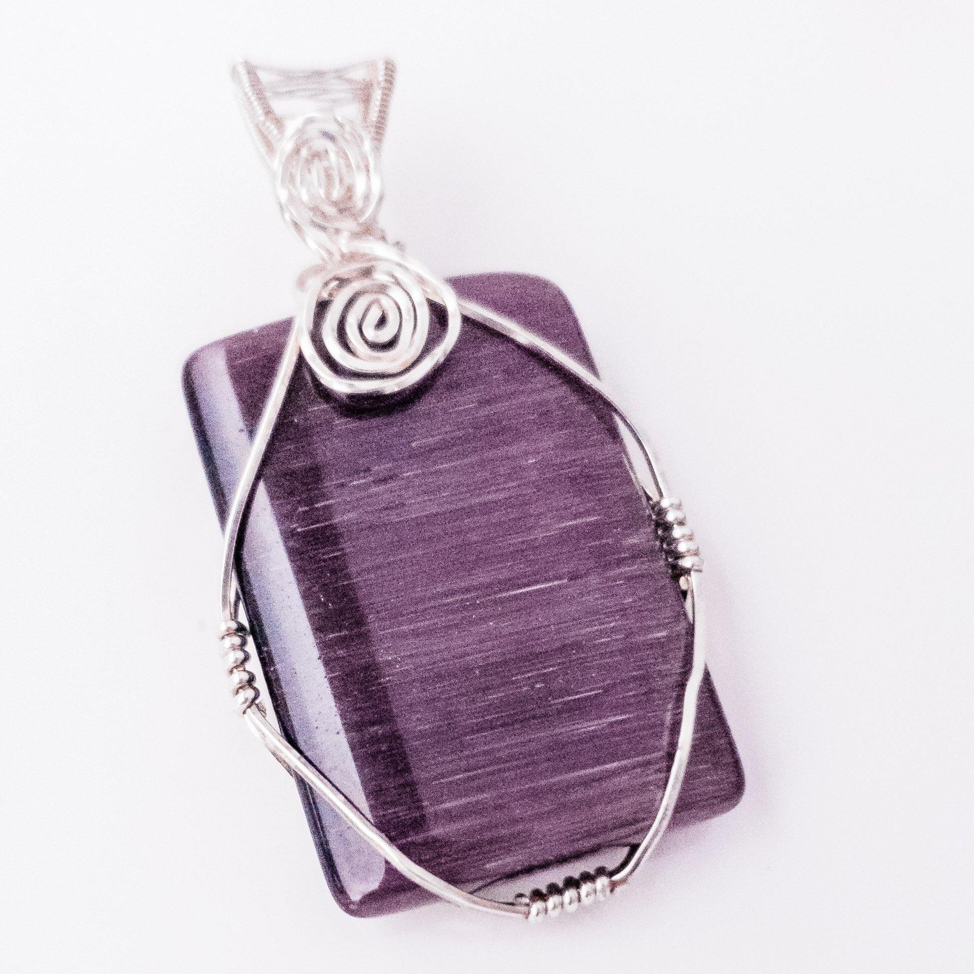 Purple Cat's Eye Necklace Pendant in Sterling Silver close-up view - BellaChel Jeweler