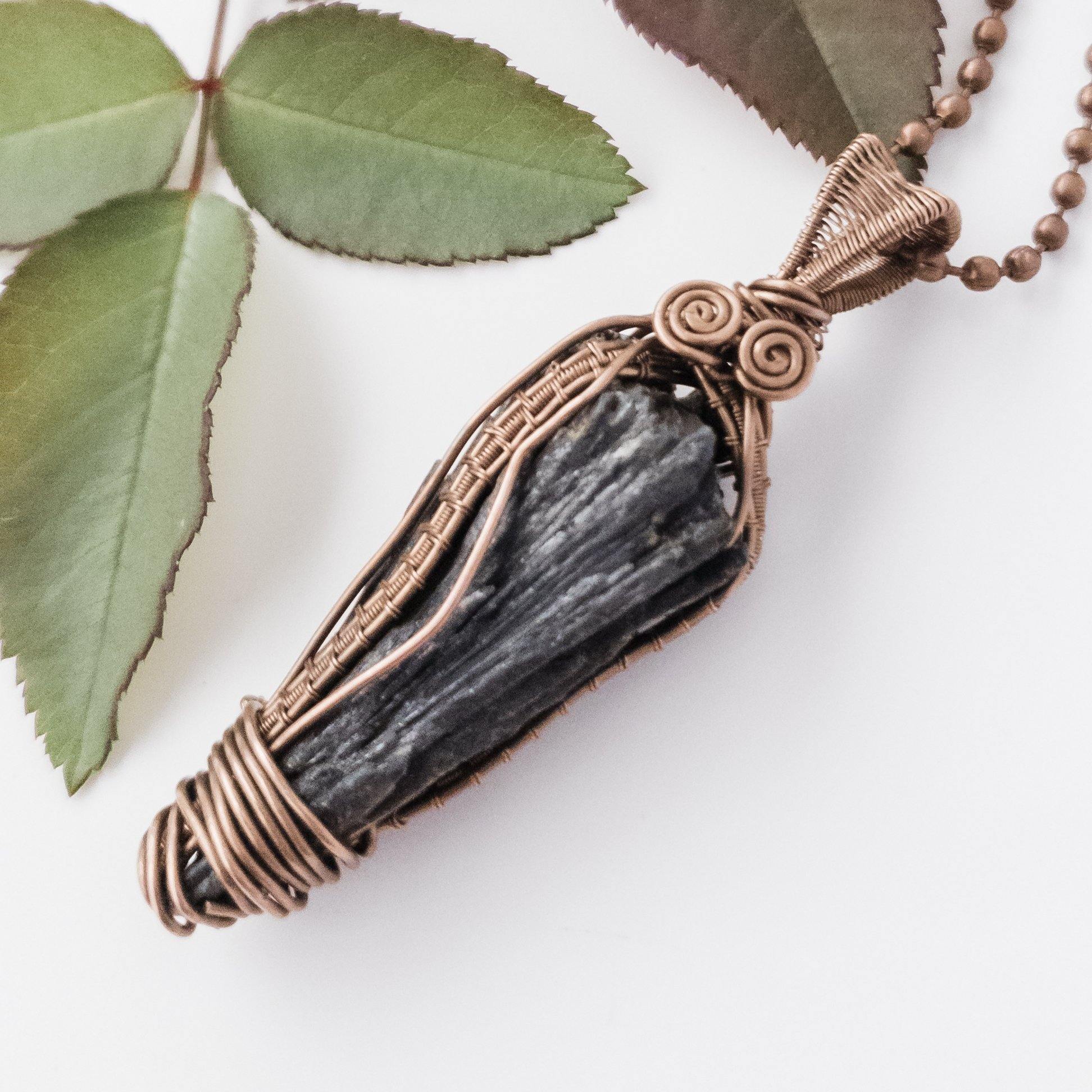 Viking Collection - Black Kyanite in Antique Copper up-close view - BellaChel Jeweler