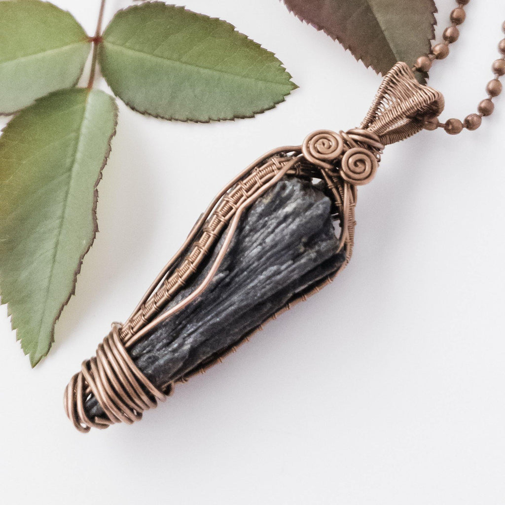 Viking Collection - Black Kyanite in Antique Copper up-close view - BellaChel Jeweler