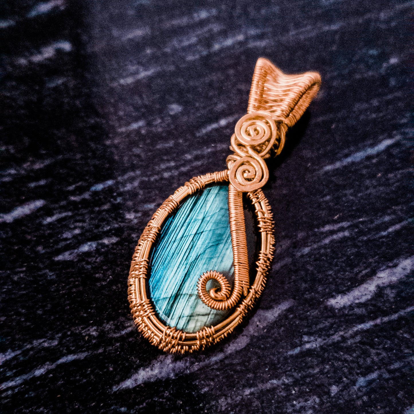 Labradorite pendant in Bronze front view - BellaChel Jeweler