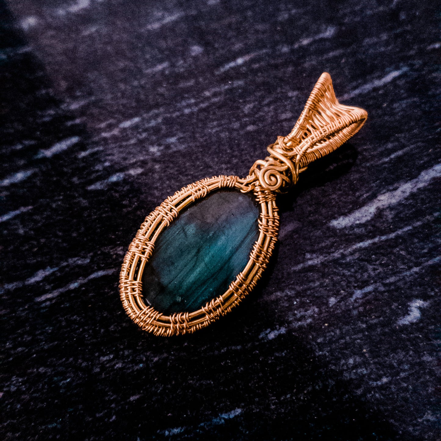 Labradorite Pendant in Bronze back side, designed to be worn on both sides - BellaChel Jeweler
