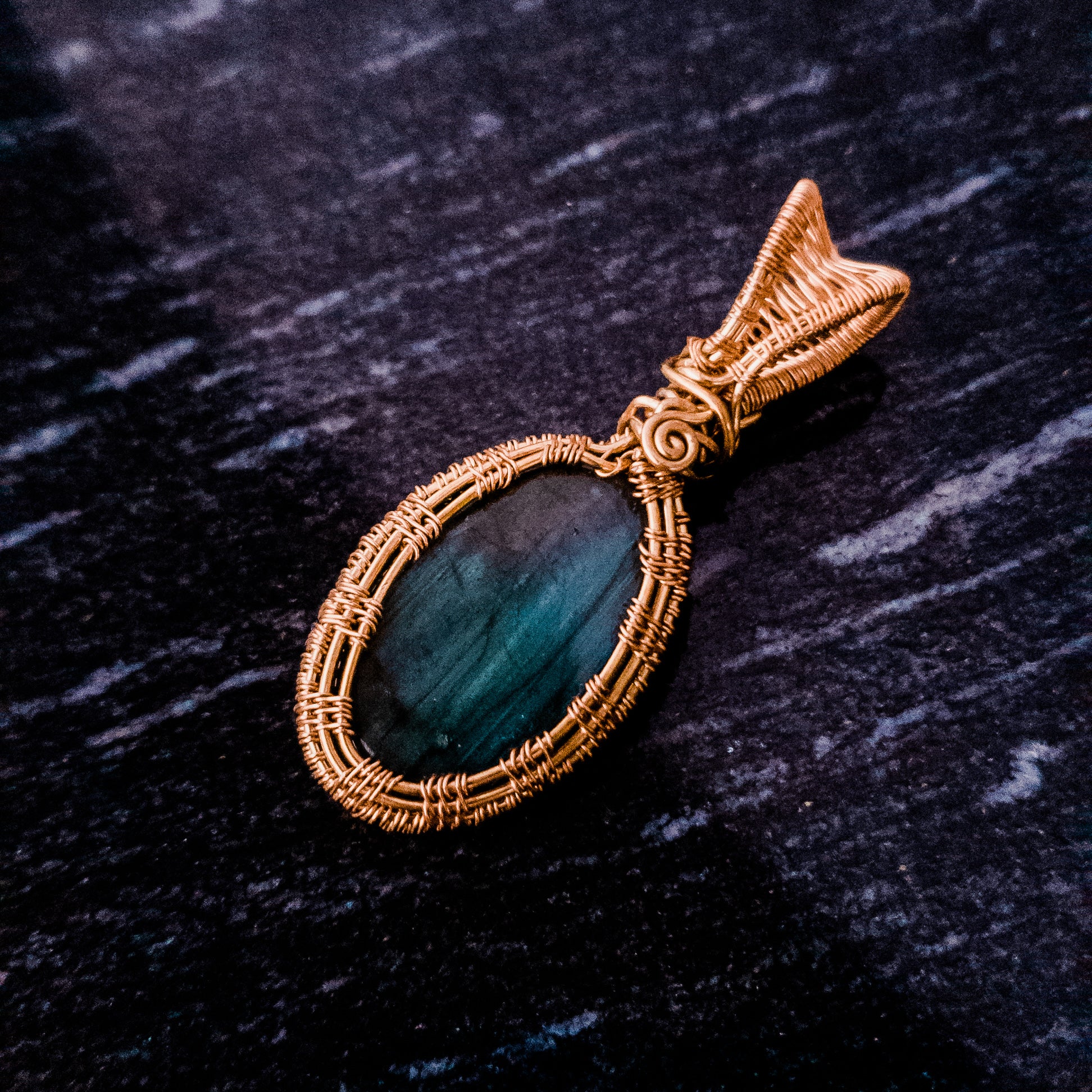 Labradorite Pendant in Bronze back side, designed to be worn on both sides - BellaChel Jeweler