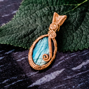 Genuine Labradorite Pendant in Bronze, front view, designed to be worn on either side - BellaChel Jeweler