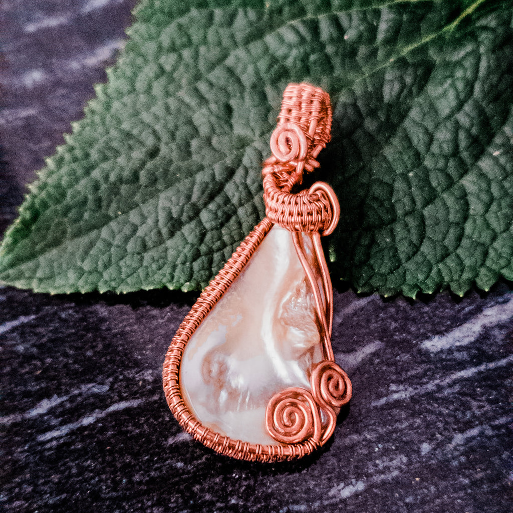 Authentic Mother of Pearl Pendant weaved in Antique Copper - BellaChel Jeweler