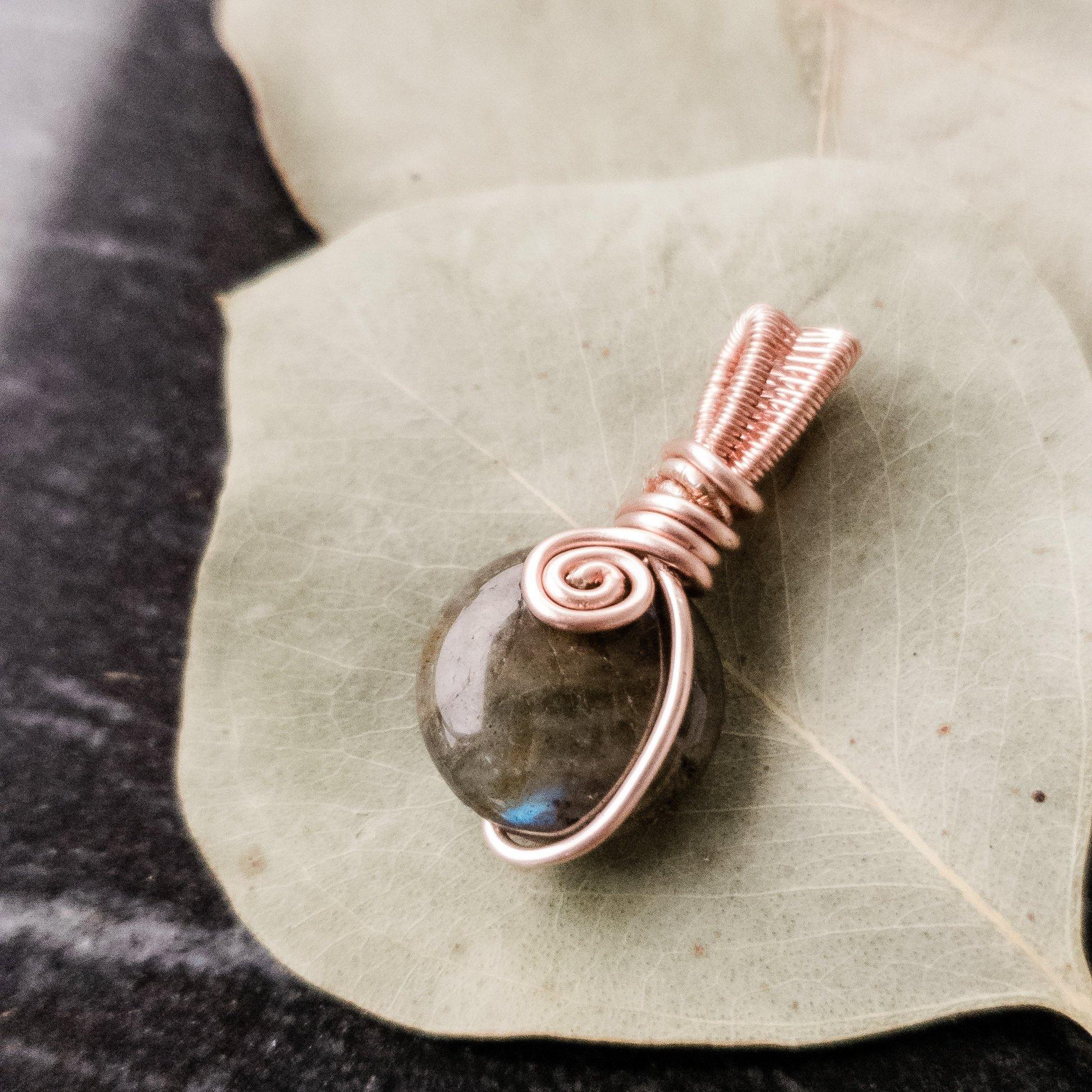 Labradorite crystal Necklace in Rose Gold - front view - BellaChel Jeweler