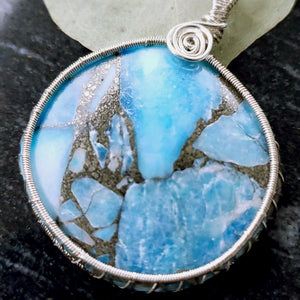 Laguna Collection - Beautiful Blue Turquoise and Pyrite Pendant weaved in Sterling Silver close-up view - BellaChel Jeweler