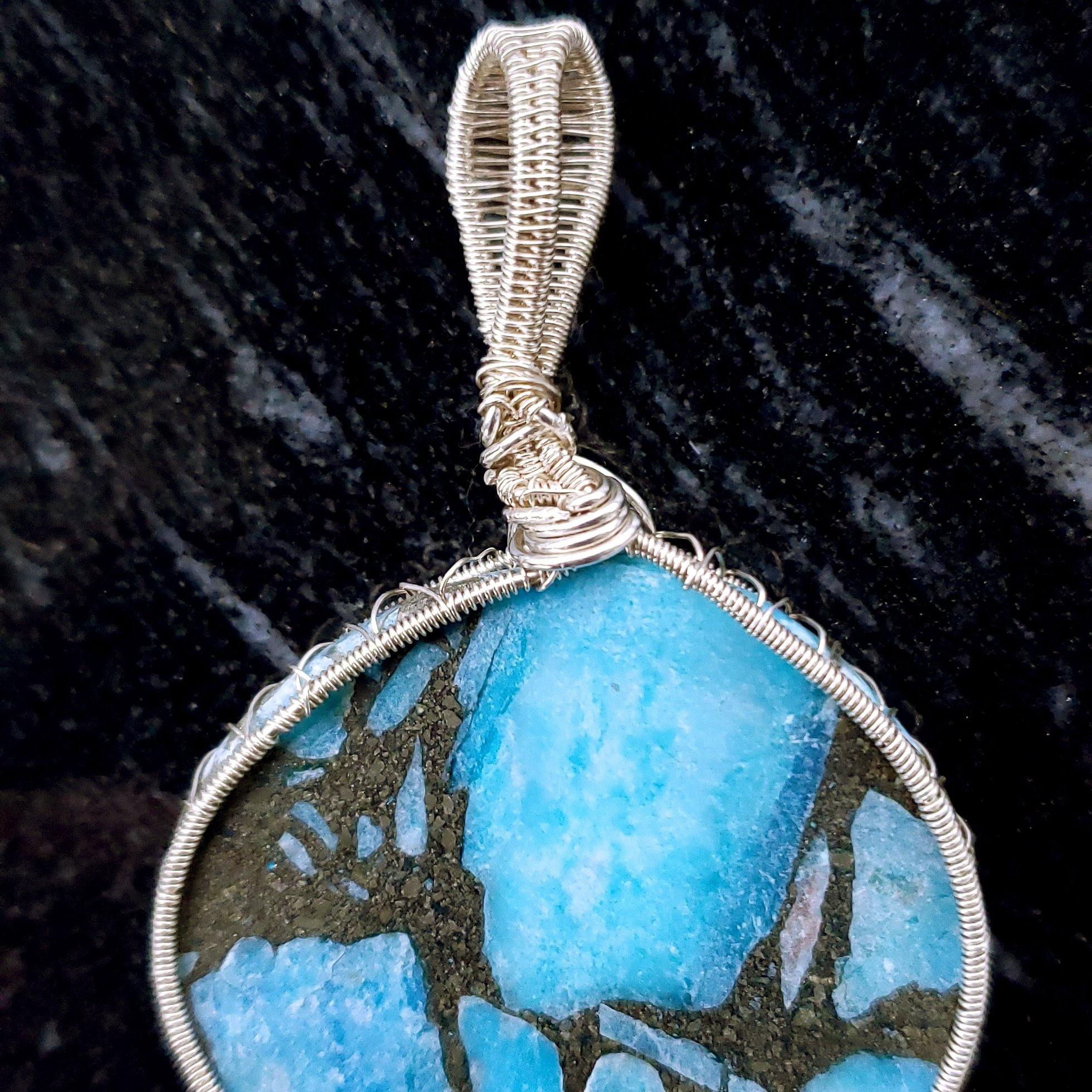 Laguna Collection - Beautiful Blue Turquoise and Pyrite Pendant weaved in Sterling Silver close-up view of the weaving detail - BellaChel Jeweler
