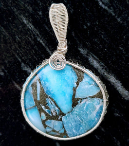 Laguna Collection - Beautiful Blue Turquoise and Pyrite Pendant weaved in Sterling Silver - BellaChel Jeweler