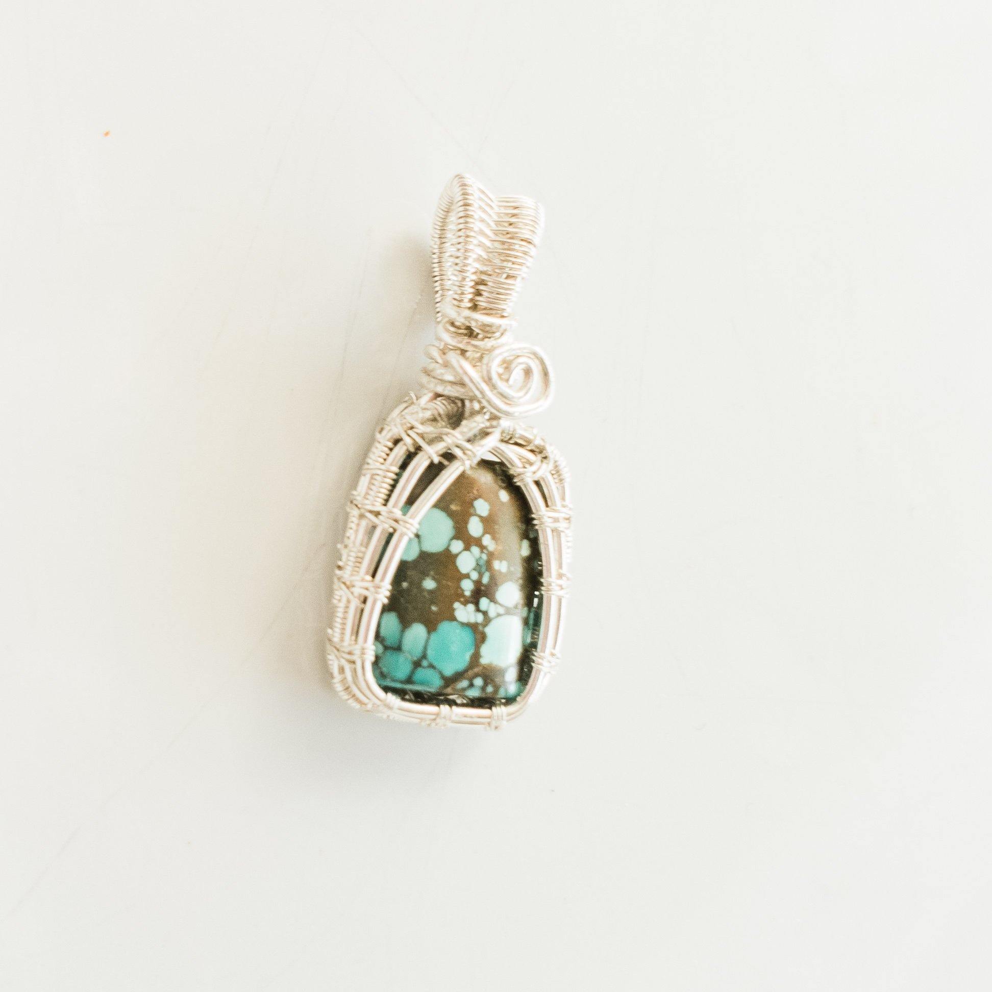 Laguna Collection - Dainty Turquoise Pendant weaved in Sterling Silver front view - BellaChel Jeweler