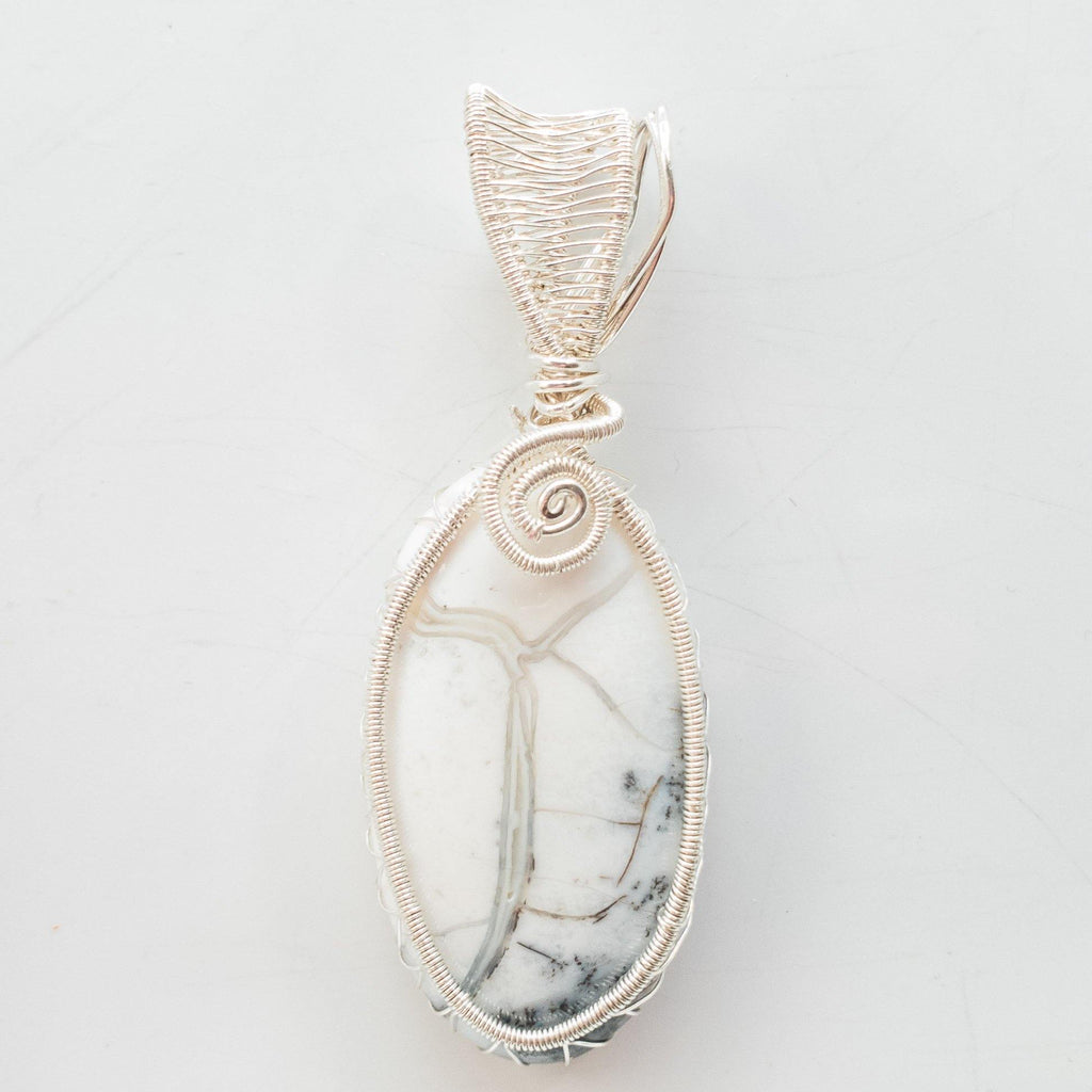 Celestial Collection - Dendrite Opal Pendant weaved in Sterling Silver - front view - BellaChel Jeweler
