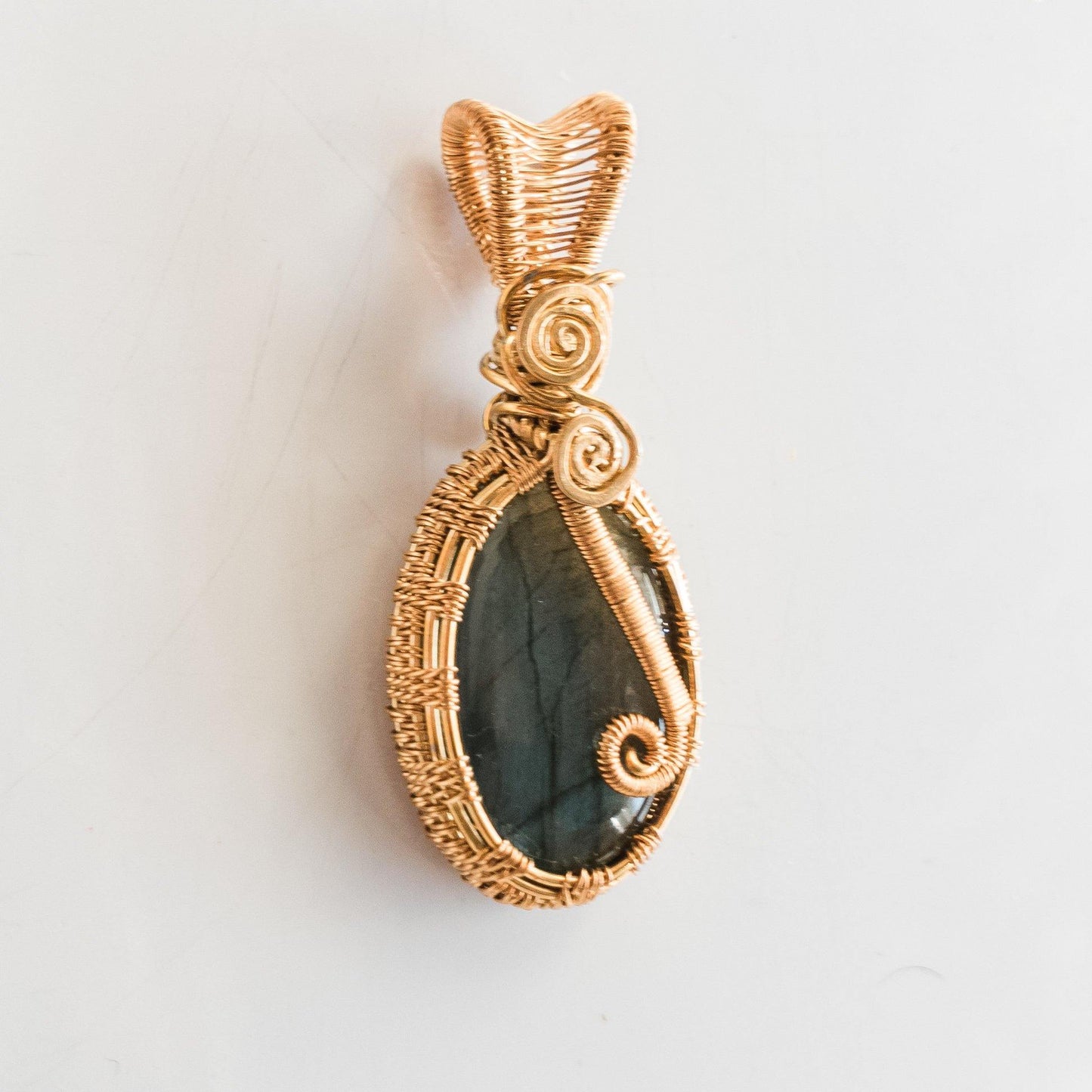 Labradorite Stone Pendant in Bronze front side view - BellaChel Jeweler