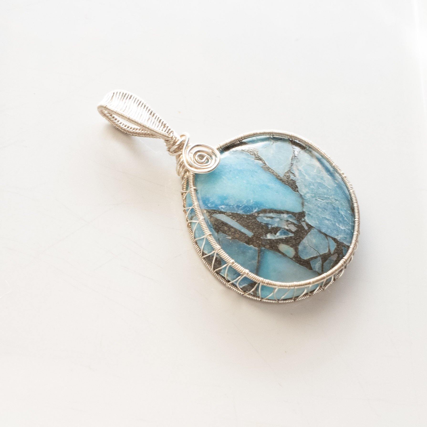 Laguna Collection - Beautiful Blue Turquoise and Pyrite Pendant weaved in Sterling Silver side view  - BellaChel Jeweler