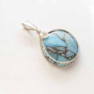 Laguna Collection - Beautiful Blue Turquoise and Pyrite Pendant weaved in Sterling Silver side view  - BellaChel Jeweler