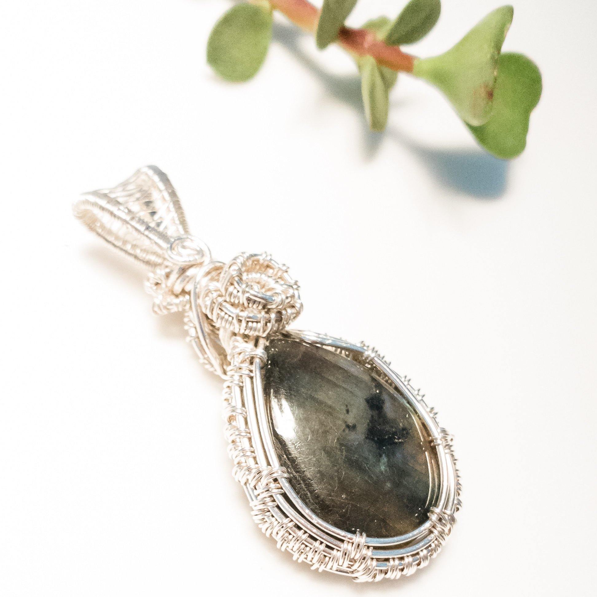 Aurora Collection - Real Labradorite weaved in Sterling Silver Pendant front side view - BellaChel Jeweler