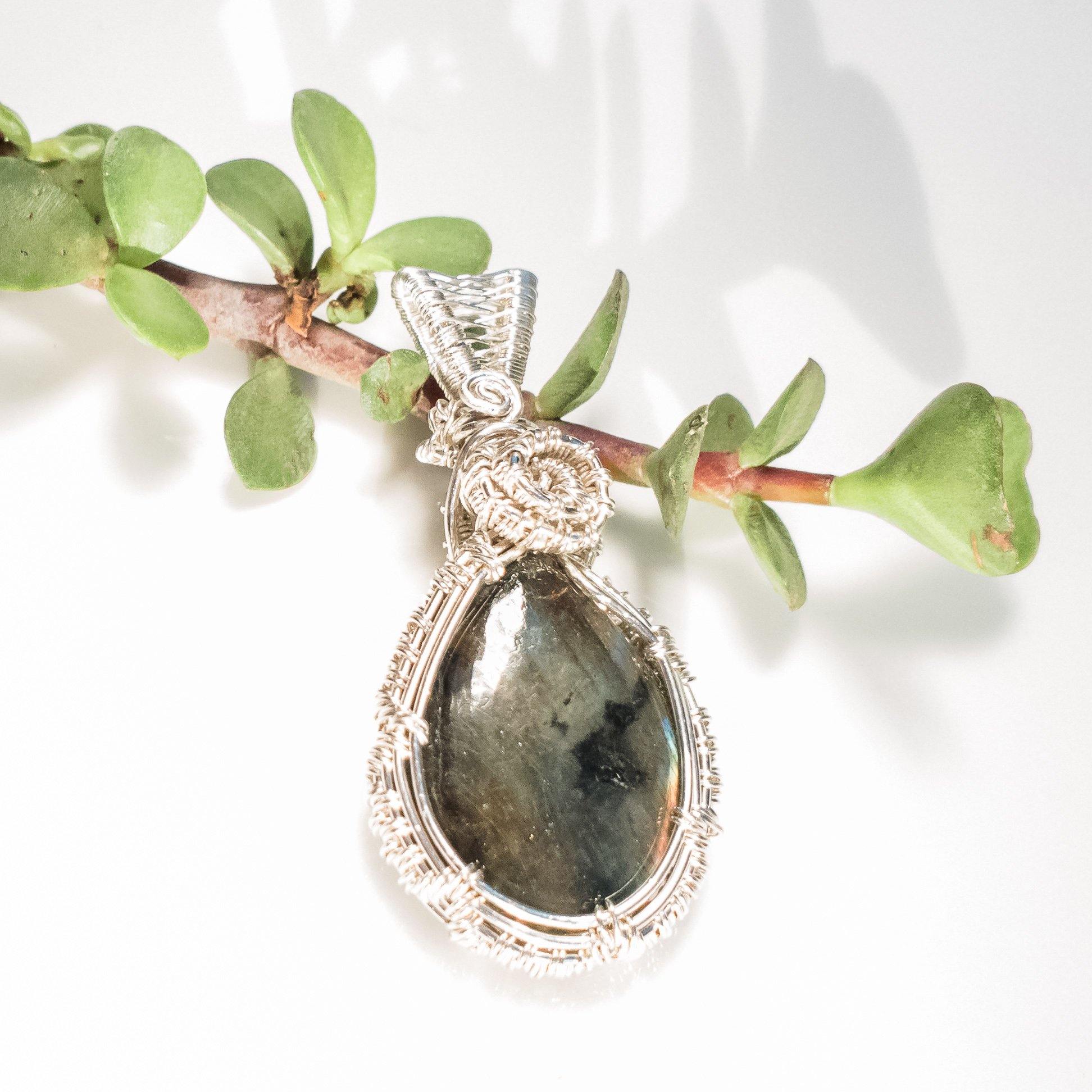 Genuine Labradorite Crystal Pendant in Sterling Silver front view - BellaChel Jeweler