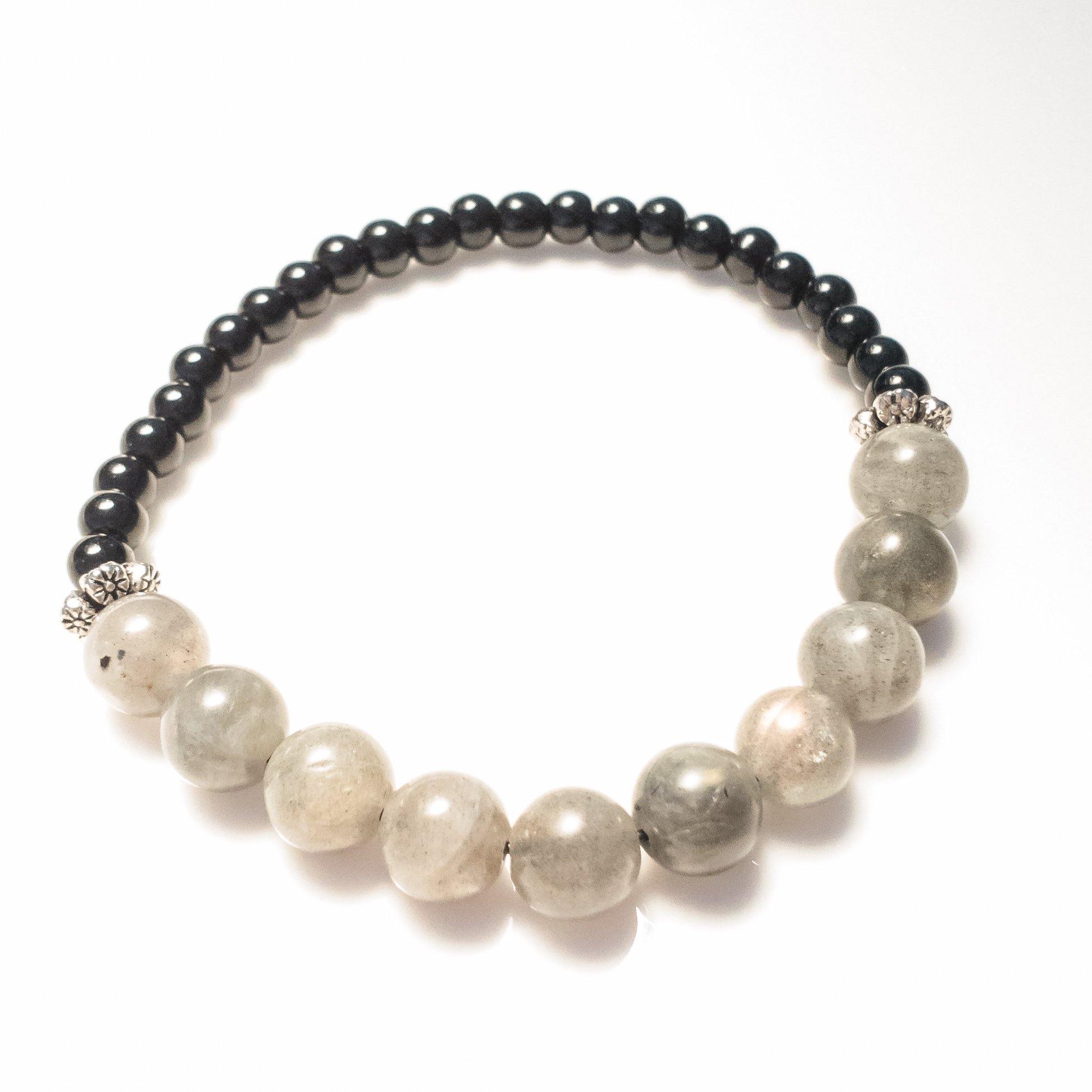 Natural Labradorite and Black Onyx Bracelet with flower accents top view - BellaChel Jeweler