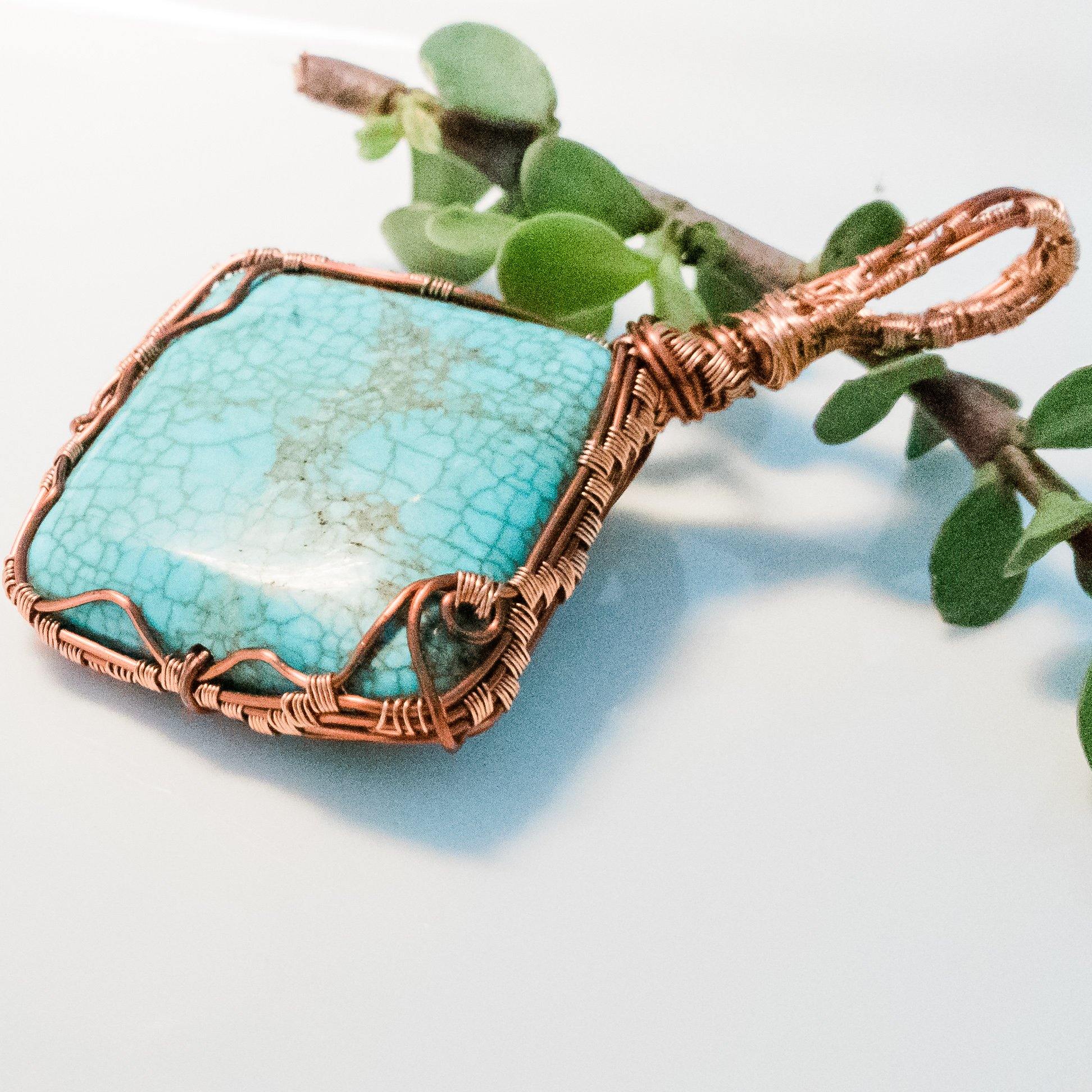 Chunky Turquoise Pendant in non-tarnishing Copper, front view - BellaChel Jeweler