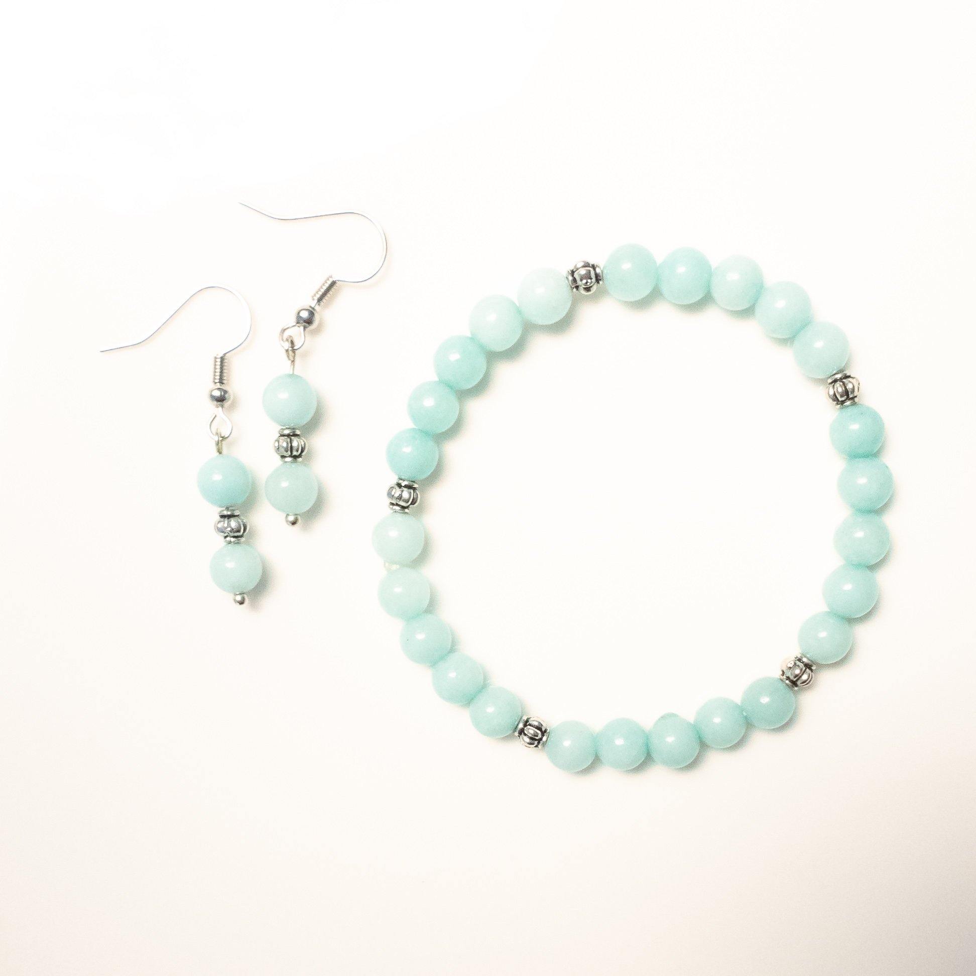 Beautiful Blue Amazonite Bracelet and Matching Earrings with Alloy Accents - Top View - BellaChel Jeweler