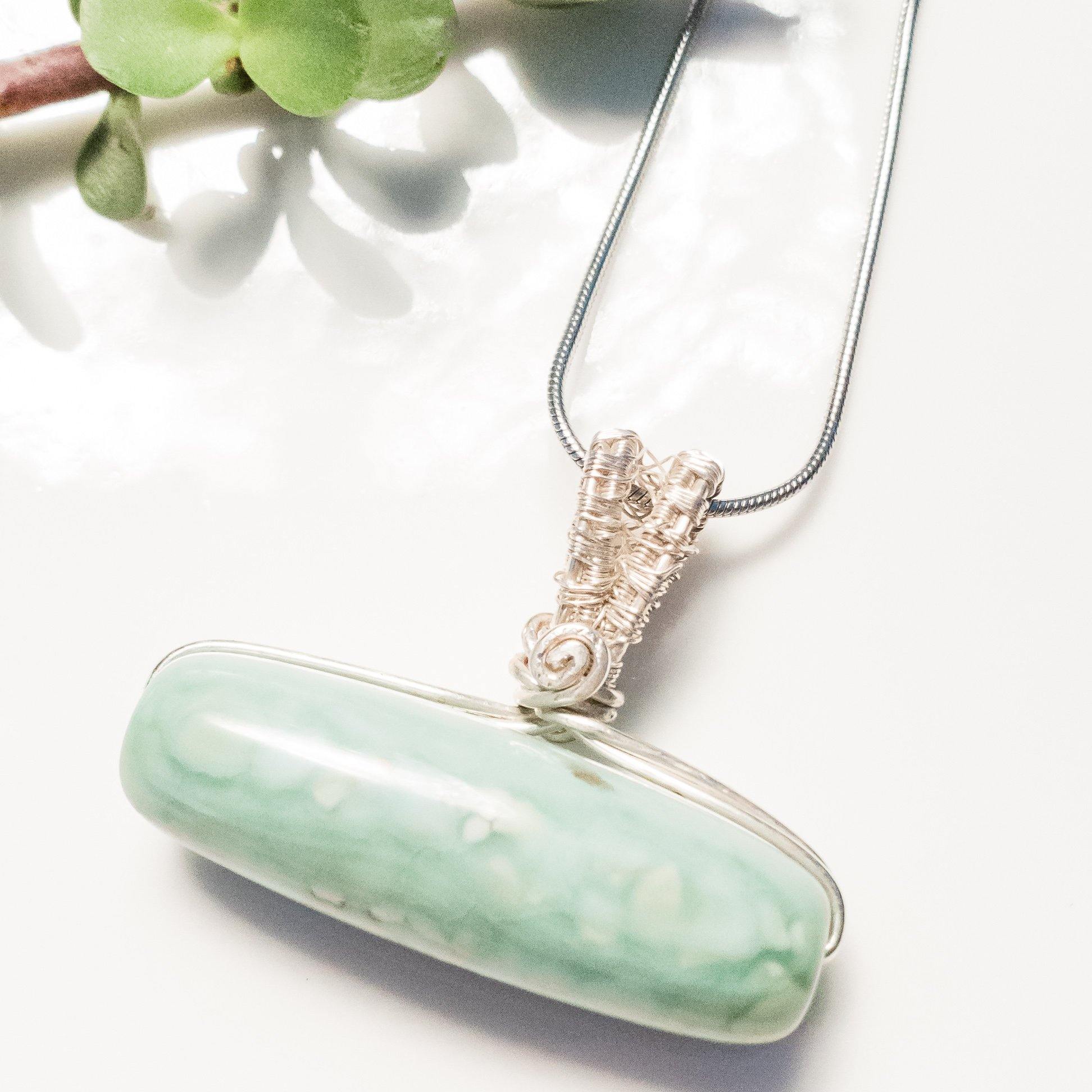 Pretty Blue Fire Agate in Sterling Silver Necklace Pendant back side view - BellaChel Jeweler