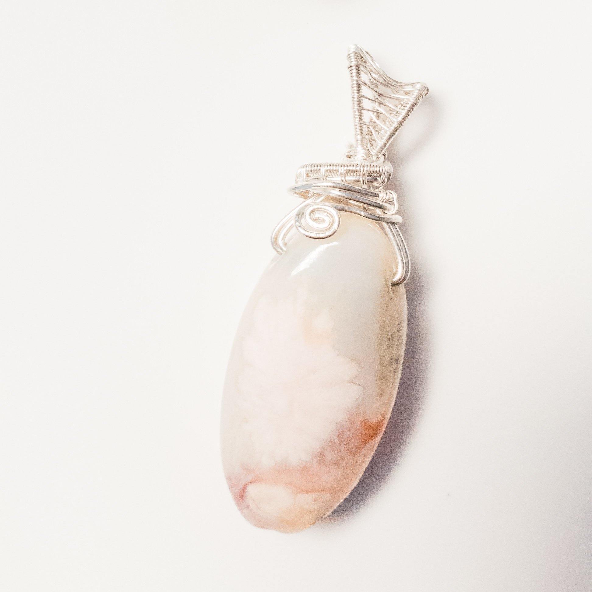 Natural Cherry Blossom Agate in Sterling Silver front view - BellaChel Jeweler