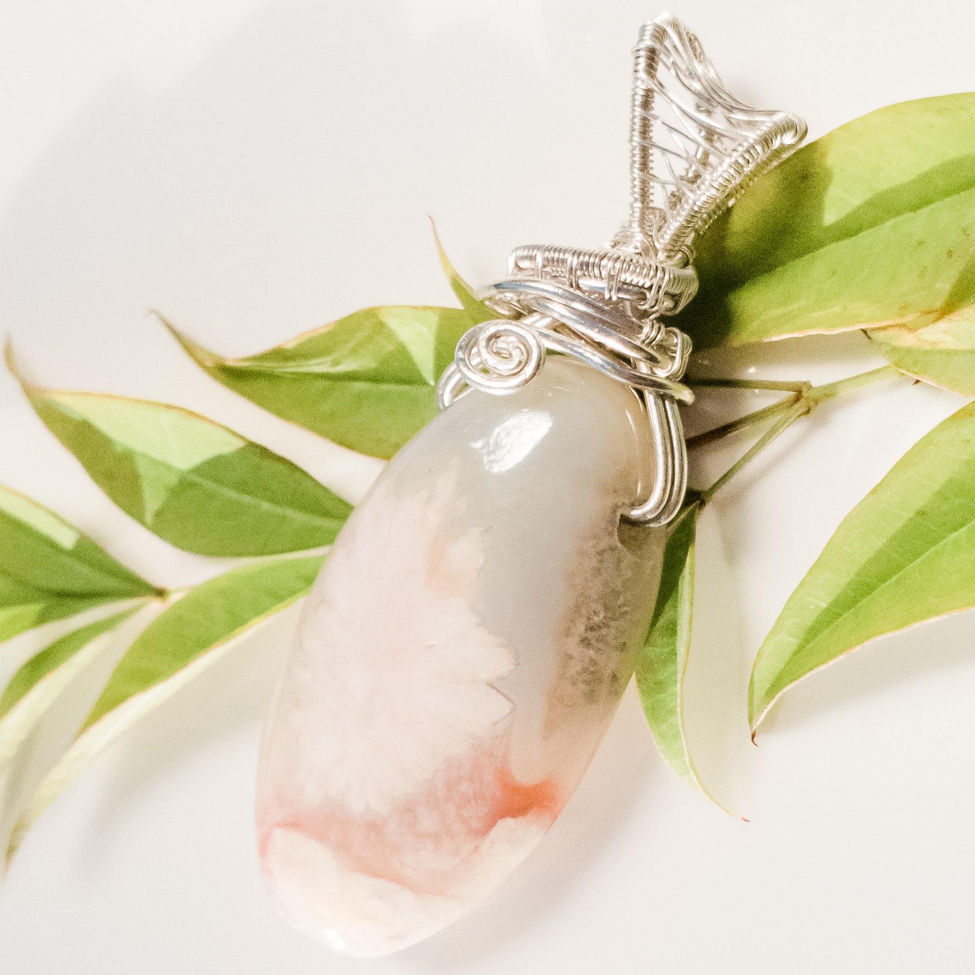 Beautiful Cherry Blossom Agate Pendant in Silver front side view - BellaChel Jeweler