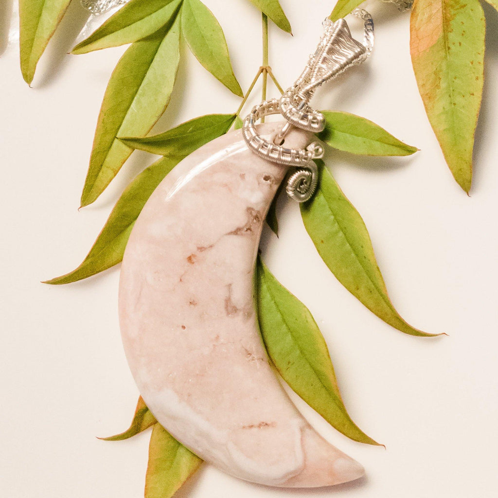 Cherry Blossom Agate Crescent Moon Necklace Pendant in Sterling Silver front view - BellaChel Jeweler
