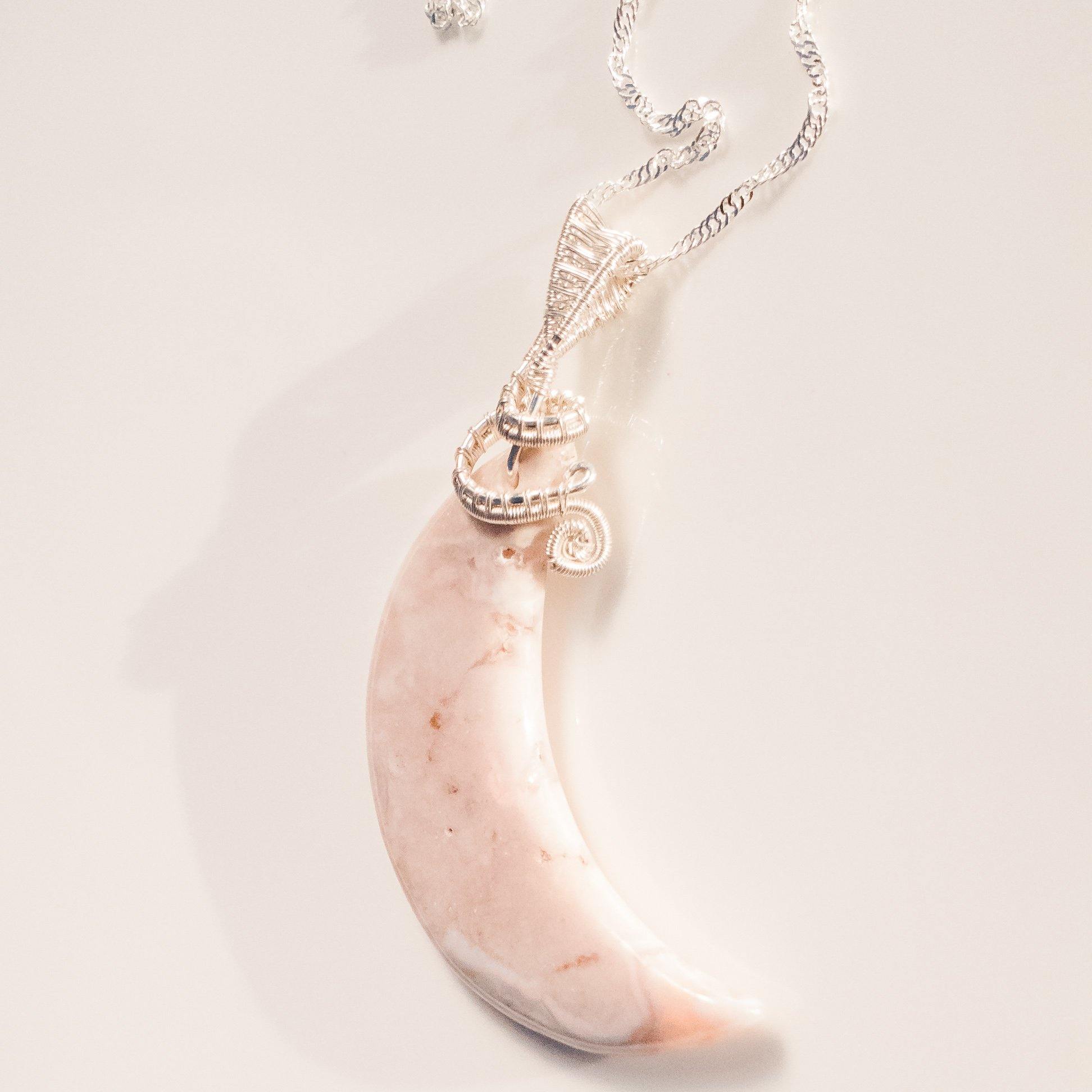 Cream colored cherry blossom crescent moon with sterling silver bail pendant - BellaChel Jeweler