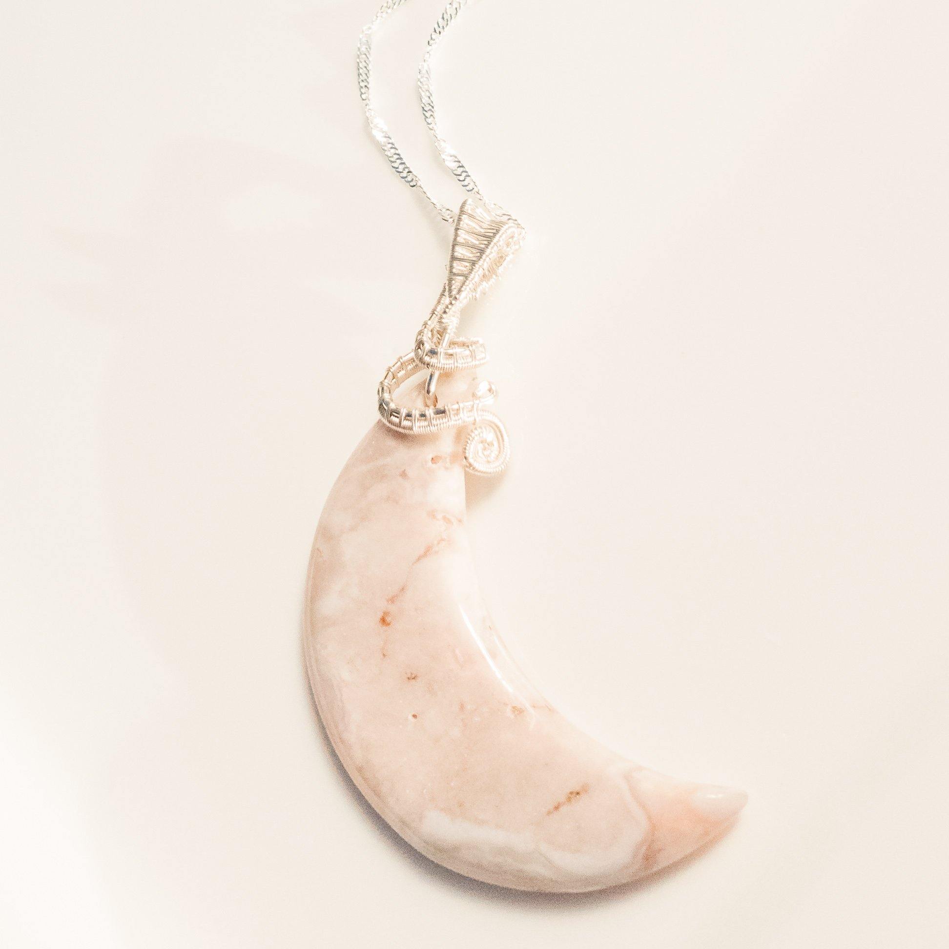Front View of Sakura Crescent Moon Necklace Pendant in Sterling Silver - BellaChel Jeweler