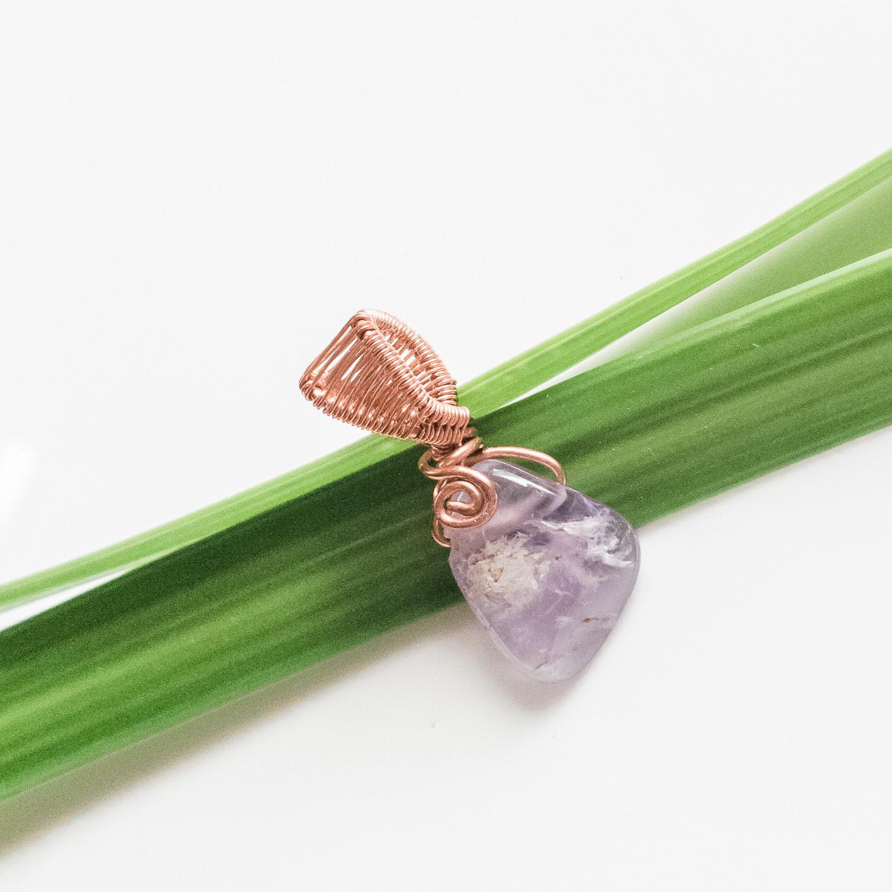 Dainty Amethyst Triangle Stone in Copper Pendant - close up view - BellaChel Jeweler