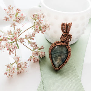 Genuine Labradorite Gemstone Pendant weaved in Antique Copper front view - BellaChel Jeweler
