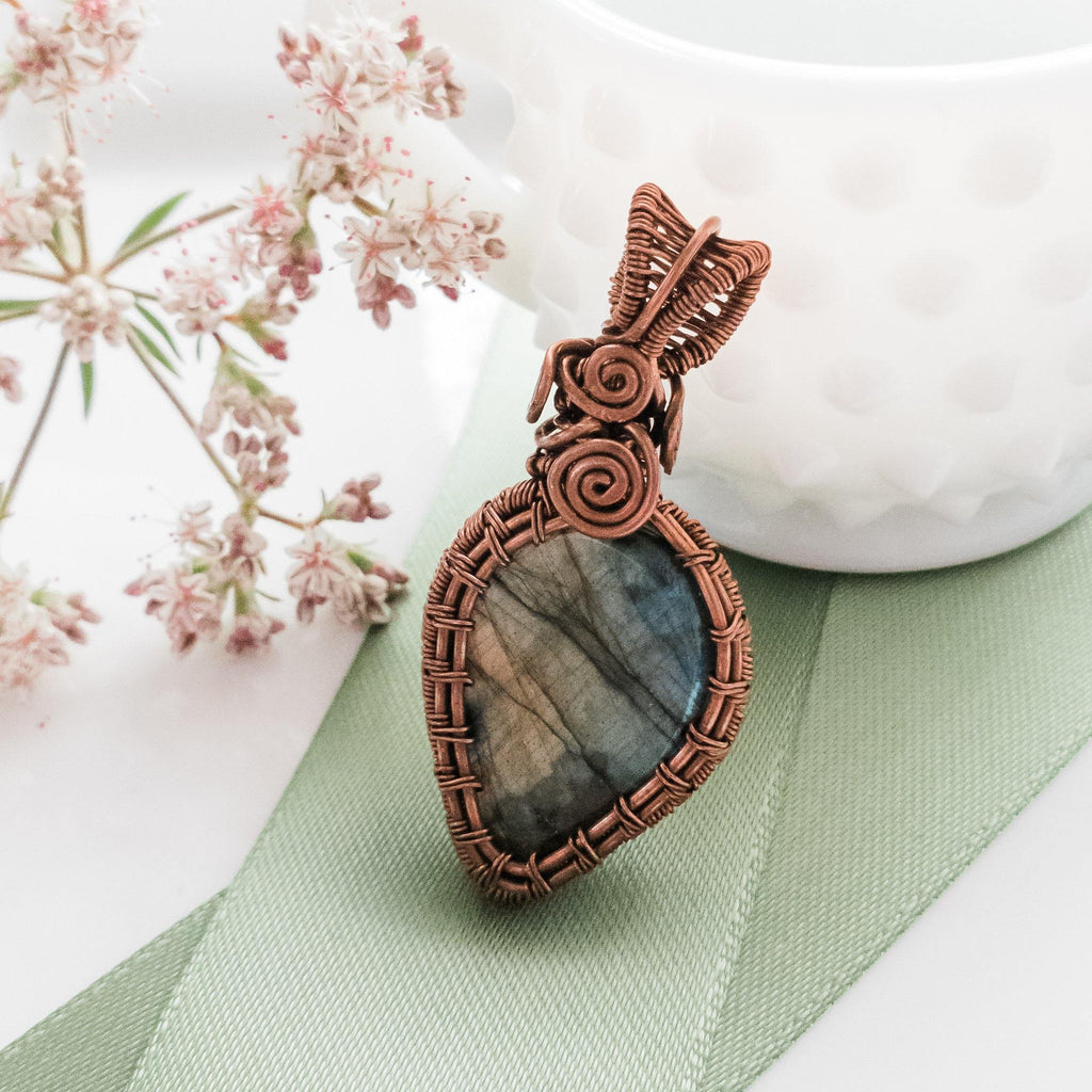 Natural Labradorite Gemstone Necklace Pendant in Antique Copper front view - BellaChel Jeweler