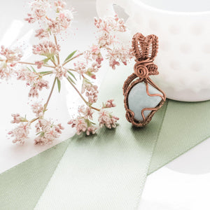 Real Larimar Gemstone Necklace Pendant weaved in Antique Copper - front view - BellaChel Jeweler