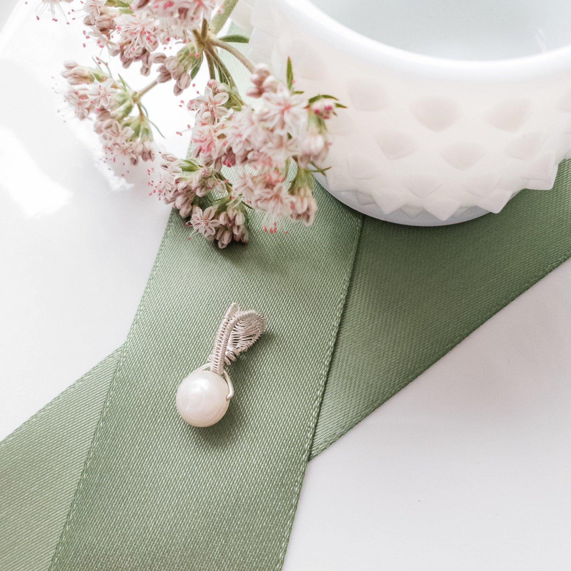 Minimalist Single Pearl Pendant weaved in Sterling Silver designed to be worn on both sides - BellaChel Jeweler