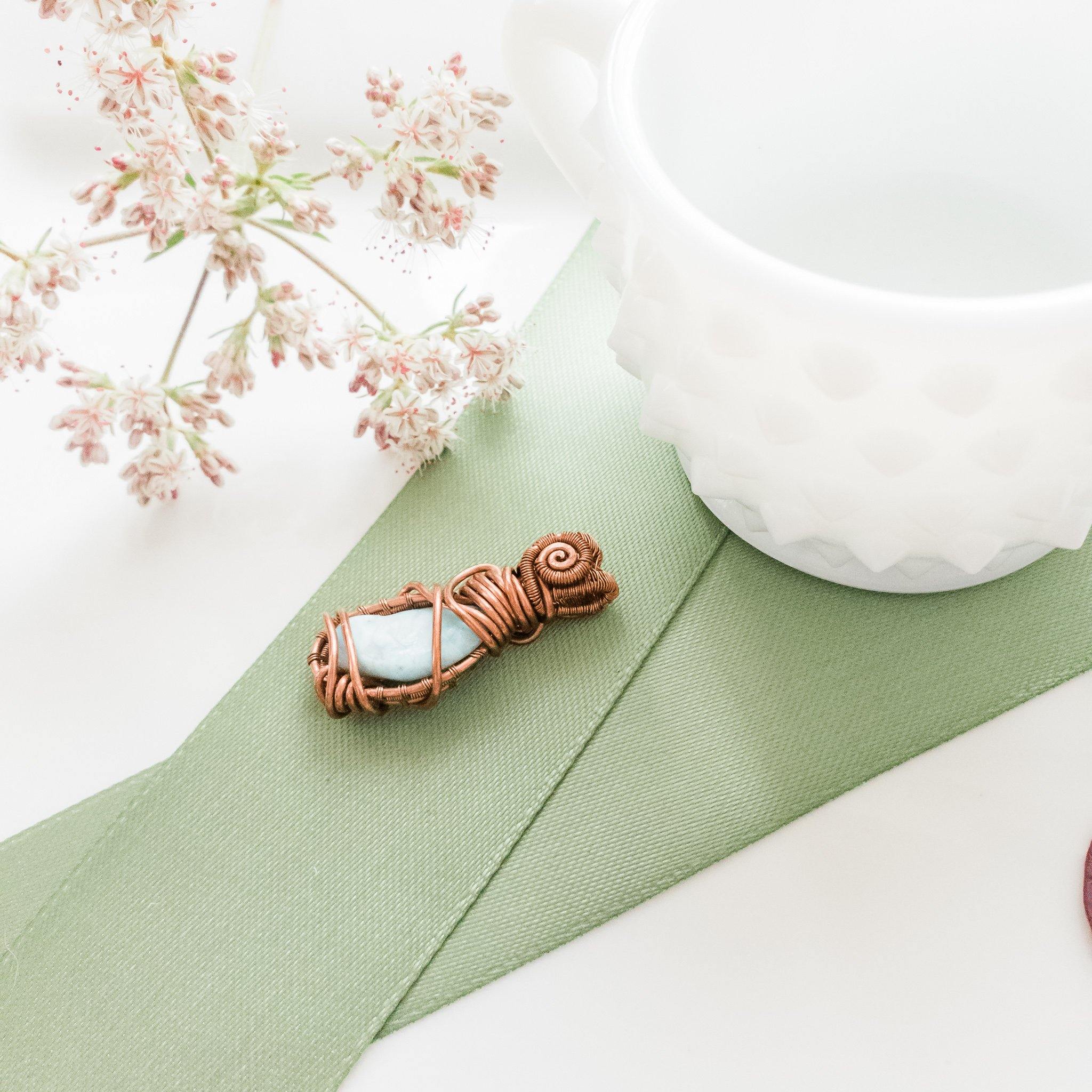 Laguna Collection - Larimar Pendant weaved in Antique Copper - top side view - BellaChel Jeweler