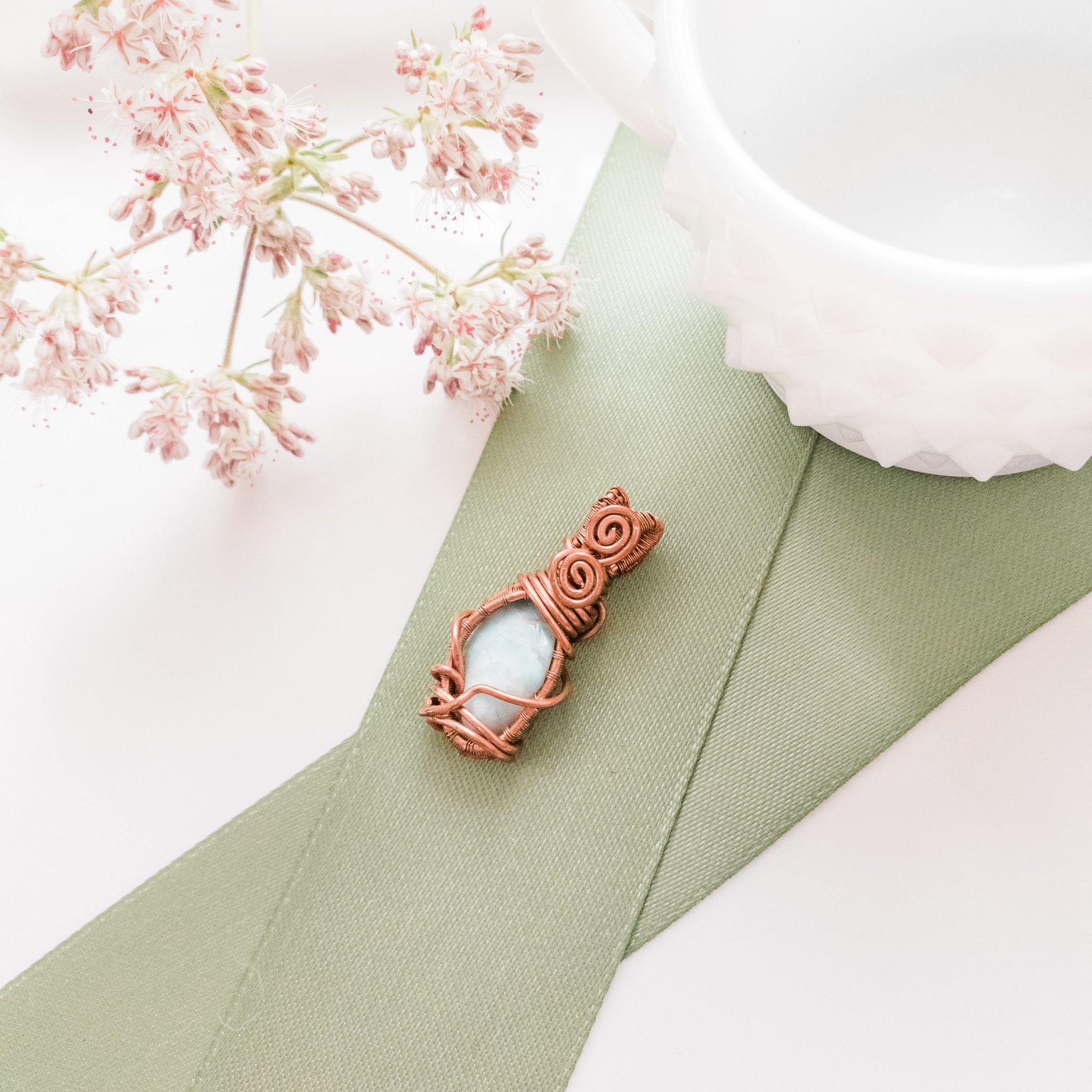 Larimar Gemstone Necklace Pendant weaved in Antique Copper - front view - BellaChel Jeweler