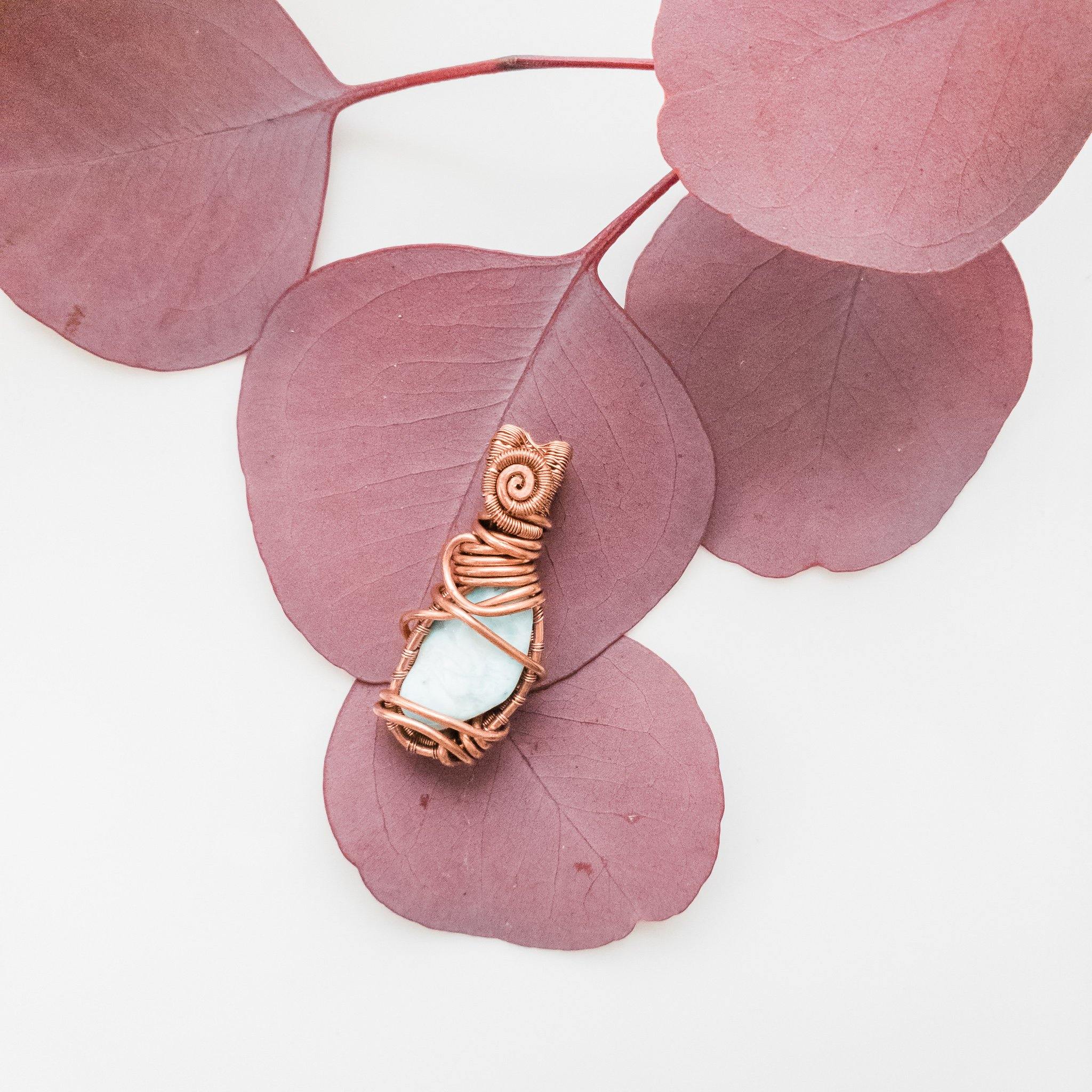 Beautiful Larimar Gemstone Necklace Pendant weaved in Antique Copper - front view - BellaChel Jeweler