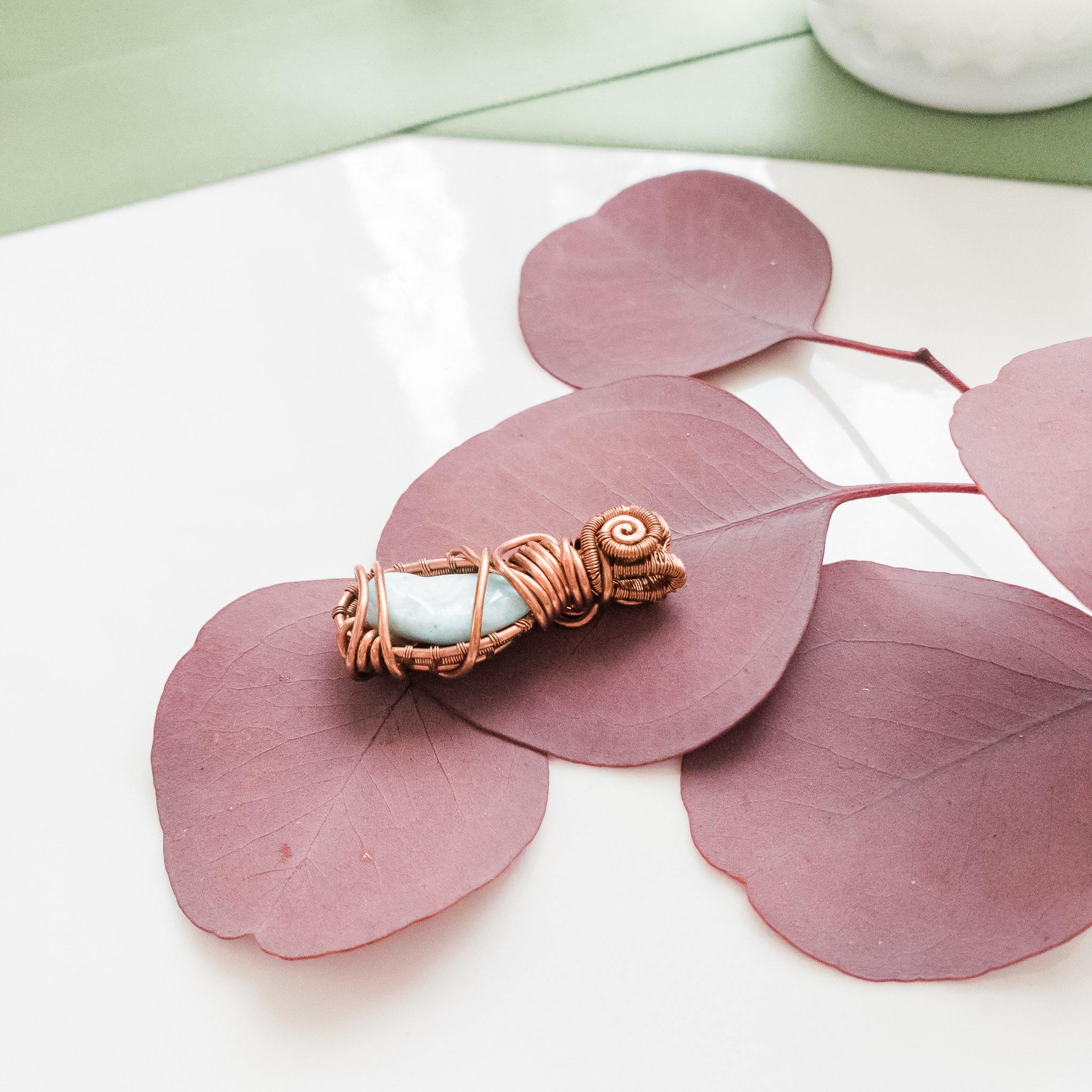 Laguna Collection - Larimar Pendant weaved in Antique Copper - side view - BellaChel Jeweler