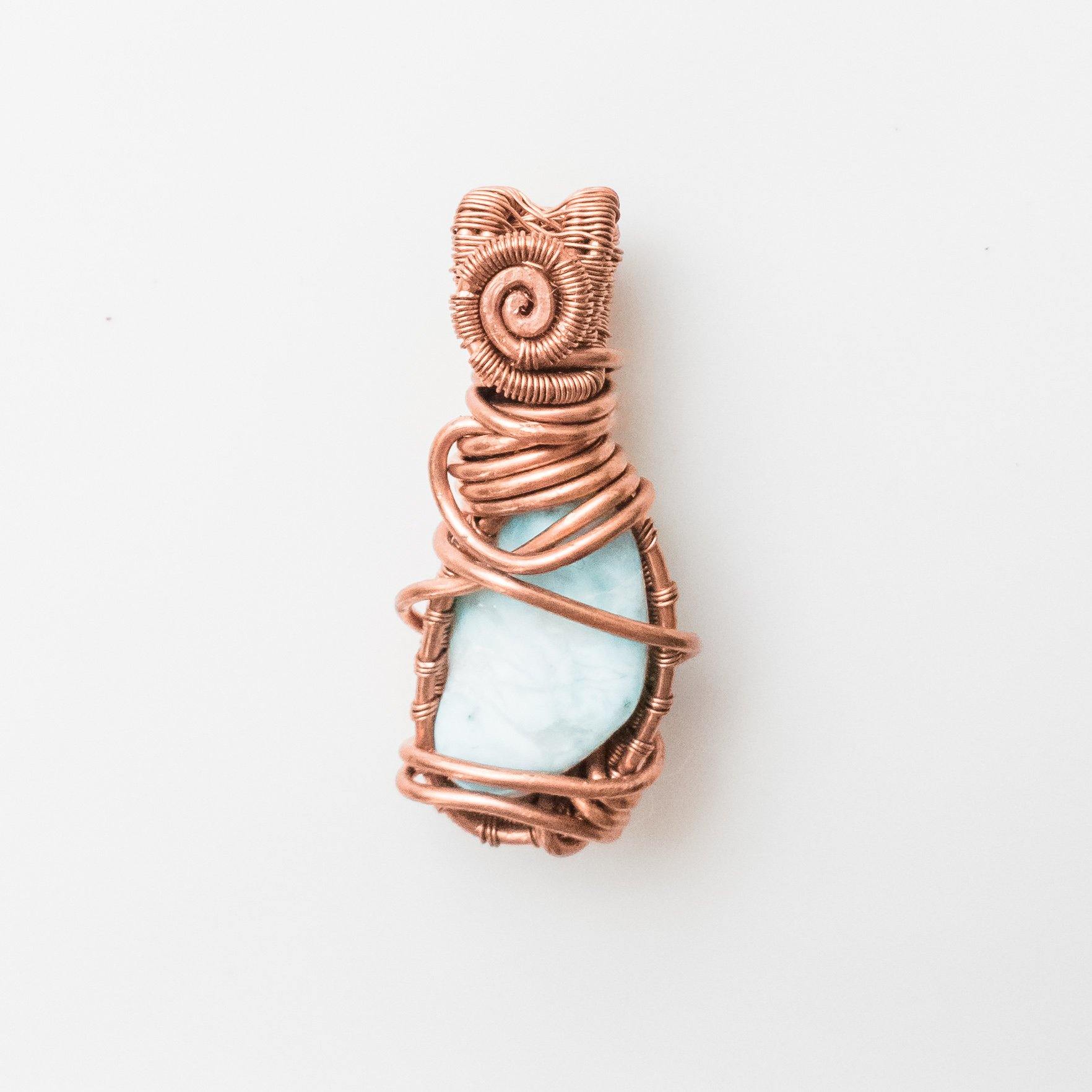 Laguna Collection - Larimar Pendant weaved in Antique Copper - designed to be worn on both sides - back side view - BellaChel Jeweler